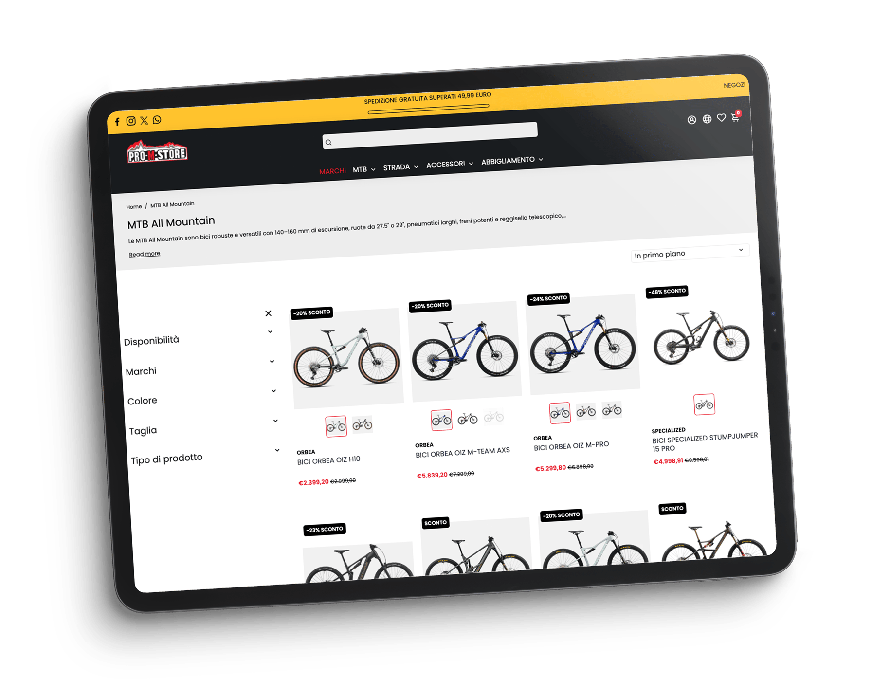 Tablet con ecommerce di biciclette Tablet con ecommerce di biciclette