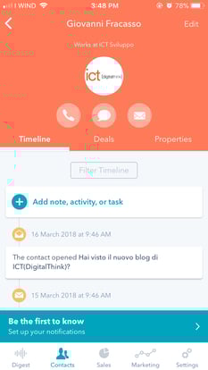 Schermata HubSpot chiamate da mobile