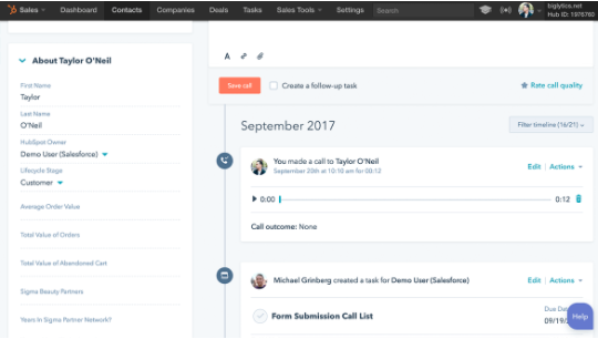 Timeline clienti hubspot