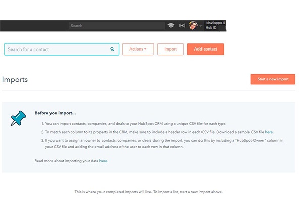 Inizio importazione dati da excel a CRM HubSpot 