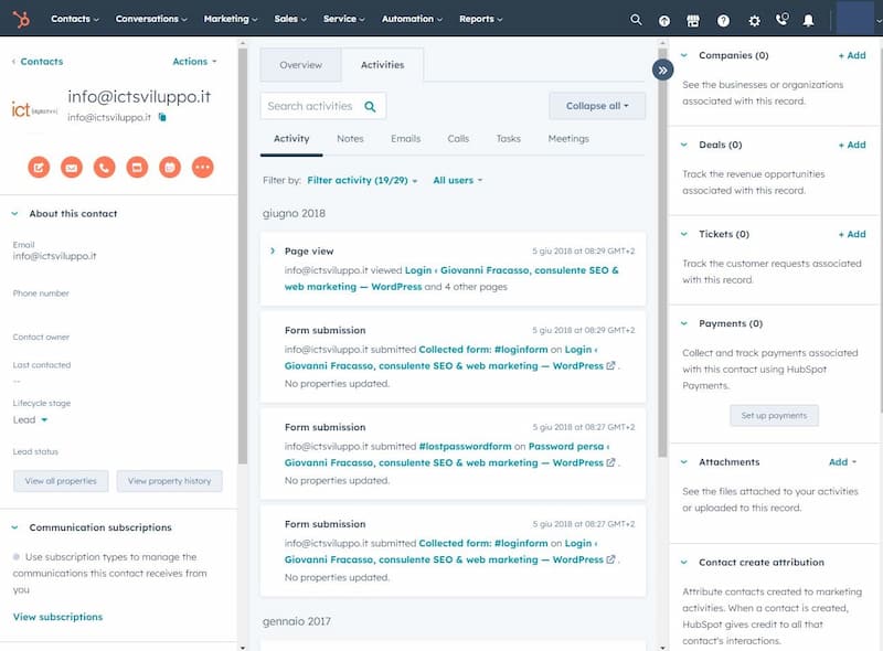 esempio contatto hubspot