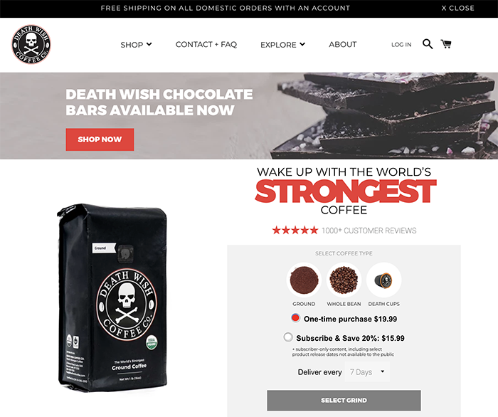 deathwishcoffee - sito realizzato con shopify plus