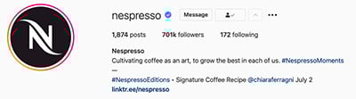 Il brand Nespresso su Instagram