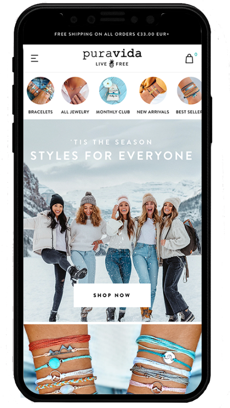 pura vida mobile - sito realizzato con shopify plus