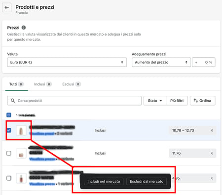 shopify catalogo mercati esclusione prodotti