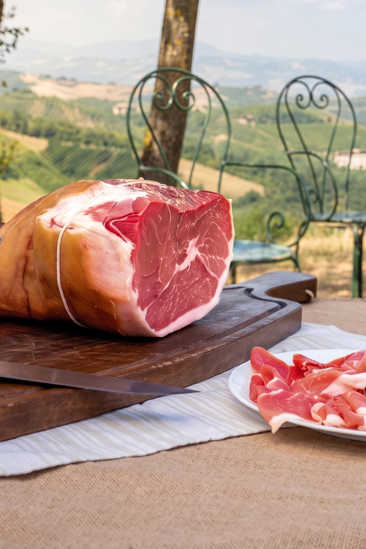 Prosciutto Crudo tagliato su un tagliere su una tavola all'aperto mobile