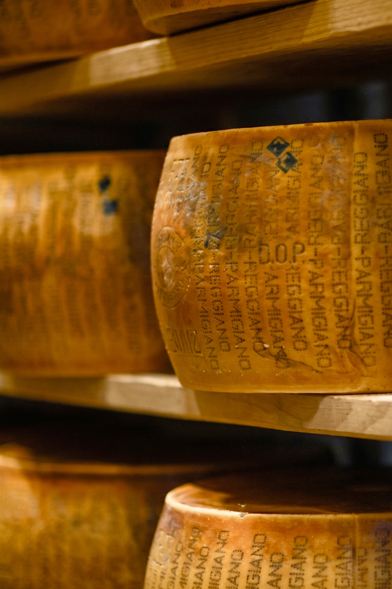 2-Formaggio parmigiano Reggiano conservato in cantina stagionato dettaglio zoomato