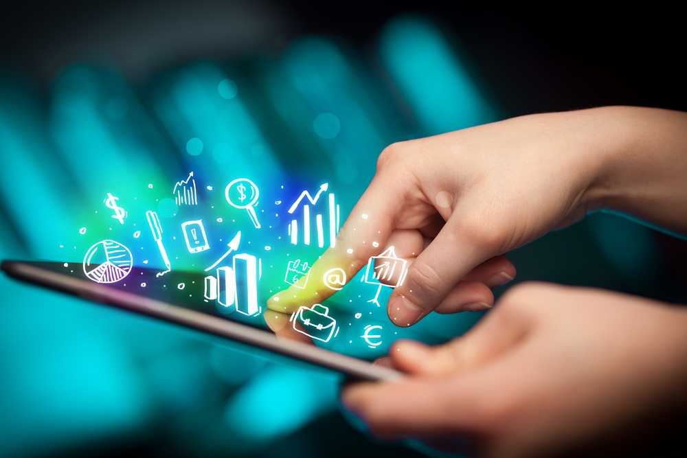 Finger pointing on tablet pc, charts concept